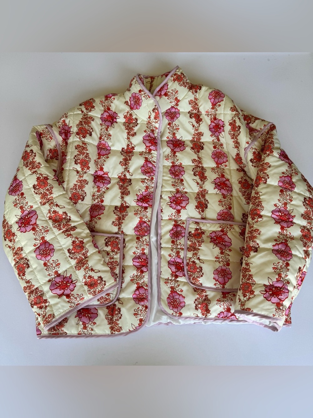 Pink and Cream Quilted Lightweight Floral Jacket with Pink Trim